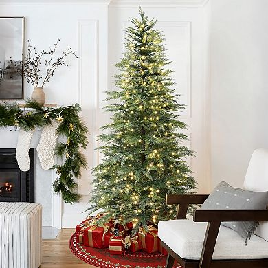 LuxenHome 7.5ft Pre-Lit Cypress Artificial Christmas Tree with Metal Stand, Holiday Decor