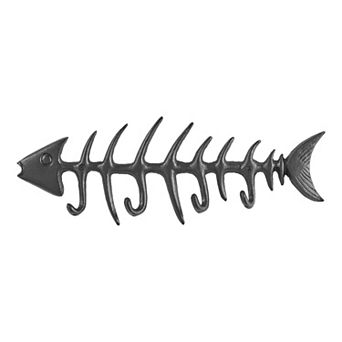 Black Cast Iron Fishbone Decorative Wall Sculpture Utility Hook Unit With 4 Hooks