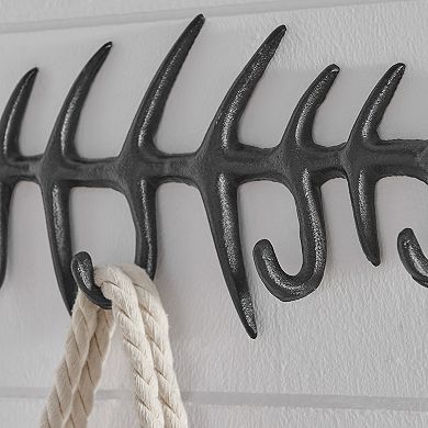 Black Cast Iron Fishbone Decorative Wall Sculpture Utility Hook Unit With 4 Hooks