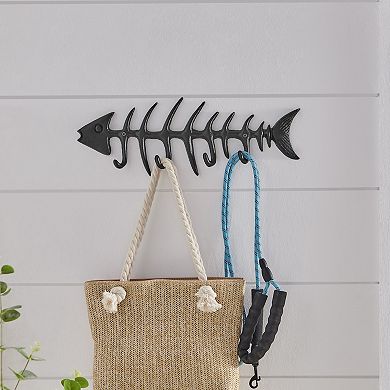 Black Cast Iron Fishbone Decorative Wall Sculpture Utility Hook Unit With 4 Hooks