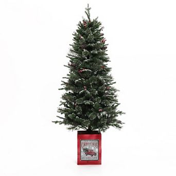 LuxenHome 5ft Pre-lit Potted Artificial Christmas Tree With Holly Berries