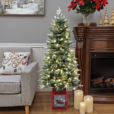 LuxenHome 5ft Pre-lit Potted Artificial Christmas Tree With Holly Berries