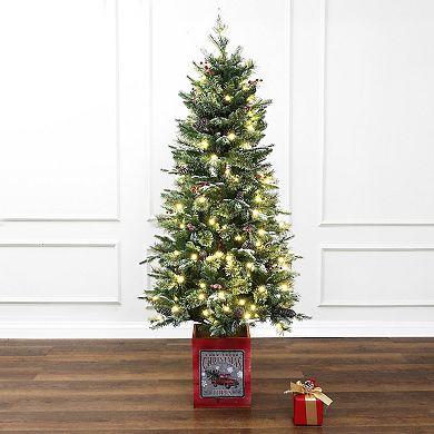 LuxenHome 5ft Pre-lit Potted Artificial Christmas Tree With Holly Berries