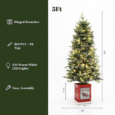 LuxenHome 5ft Pre-lit Potted Artificial Christmas Tree With Holly Berries