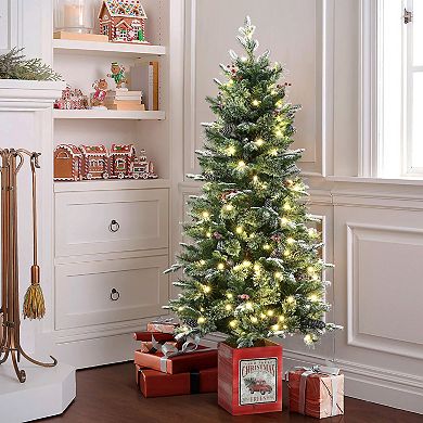 LuxenHome 5ft Pre-lit Potted Artificial Christmas Tree With Holly Berries