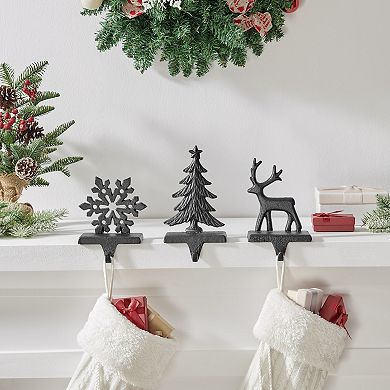 Black Cast Iron Holiday Christmas Mantel Stocking Hook Set Of 3 - Snowflake, Reindeer, Tree