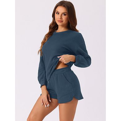 Women's Long Sleeve Shorts Sweatsuit Set 2 Piece Outfits Waffle Lounge Set