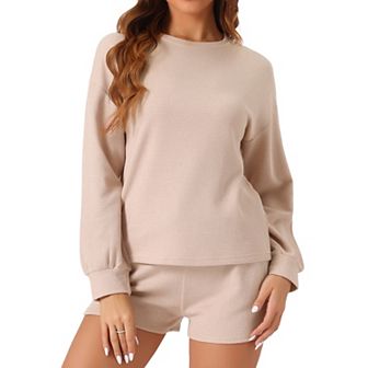 Women's Long Sleeve Shorts Sweatsuit Set 2 pc Outfits Waffle Lounge Set