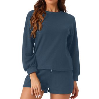 Women's Long Sleeve Shorts Sweatsuit Set 2 pc Outfits Waffle Lounge Set