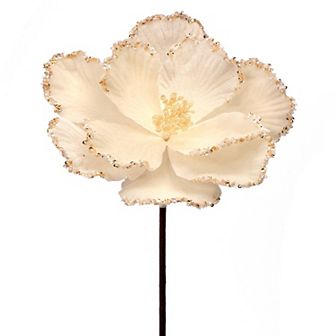 24" Ivory Velvet Glitter Bead Edge Magnolia Stem - Luxurious Christmas Floral Decoration