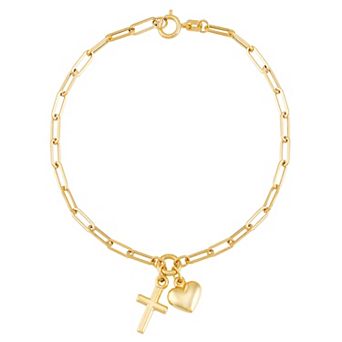 Everlasting Gold 10k Gold Paperclip Chain Cross & Heart Charm Bracelet