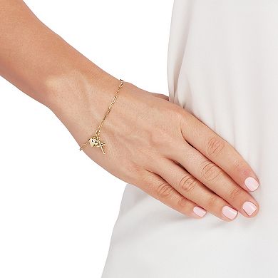 Everlasting Gold 10k Gold Paperclip Chain Cross & Heart Charm Bracelet