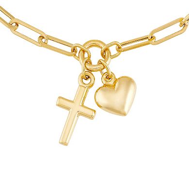 Everlasting Gold 10k Gold Paperclip Chain Cross & Heart Charm Bracelet