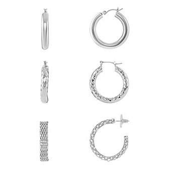 Emberly Silver Tone Polished & Textured Hoop Earring Trio Set