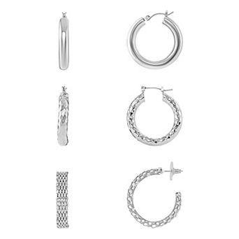 Emberly Silver Tone Polished & Textured Hoop Earring Trio Set