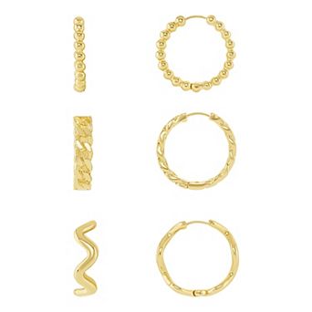 Emberly Gold Tone Beaded Chain Link & Wavy Hoop Earring Trio Set
