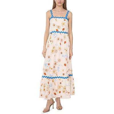 Women's MSK Tiered Linen Dress with Ric Rac Trim, Size: Large, Ivory Coastal