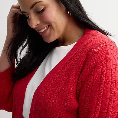 Plus Size Croft & Barrow® Pointelle Basket Open Front Cardigan