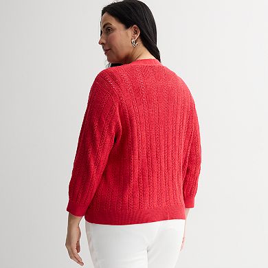 Plus Size Croft & Barrow® Pointelle Basket Open Front Cardigan