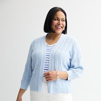 Plus Size Croft & Barrow® Pointelle Basket Open Front Cardigan