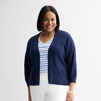 Plus Size Croft & Barrow® Pointelle Basket Open Front Cardigan