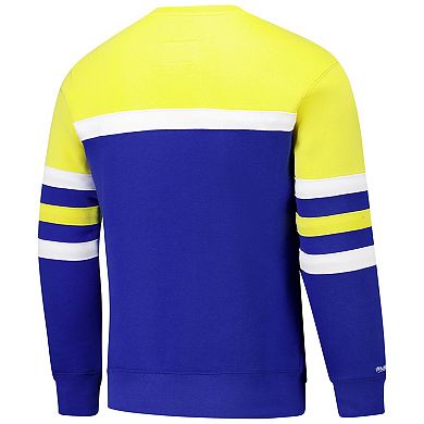 Men's Mitchell & Ness Royal/Gold Golden State Warriors Hardwood Classics Vintage Logo Head Coach Pullover Sweatshirt
