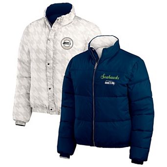 Women's WEAR by Erin Andrews College Navy/White Seattle Seahawks Reversible Cropped Full-Zip Puffer Jacket