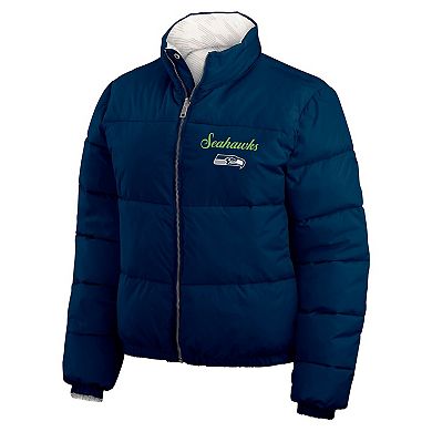 Women's WEAR by Erin Andrews College Navy/White Seattle Seahawks Reversible Cropped Full-Zip Puffer Jacket