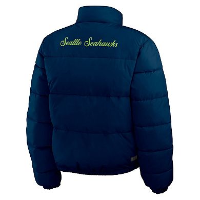 Women's WEAR by Erin Andrews College Navy/White Seattle Seahawks Reversible Cropped Full-Zip Puffer Jacket
