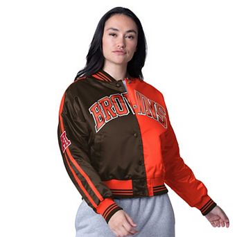 Women's Starter Brown/Orange Cleveland Browns Zone Blitz Cropped Full-Snap Satin Jacket