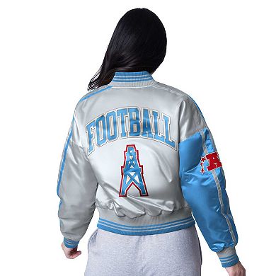 Women's Starter Light Blue/Silver Houston Oilers Gridiron Classics Zone Blitz Cropped Full-Snap Satin Jacket
