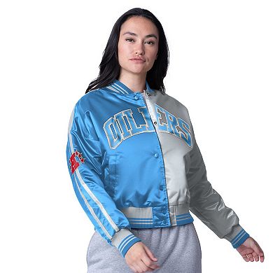 Women's Starter Light Blue/Silver Houston Oilers Gridiron Classics Zone Blitz Cropped Full-Snap Satin Jacket