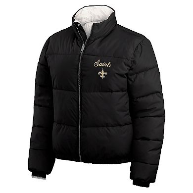Women's WEAR by Erin Andrews Black/White New Orleans Saints Reversible Cropped Full-Zip Puffer Jacket