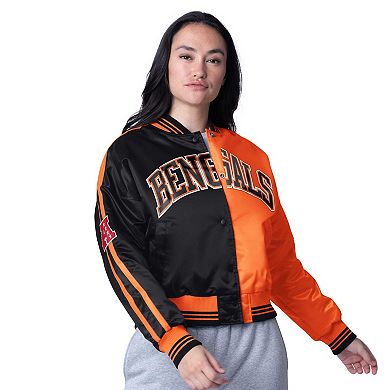 Women's Starter Black/Orange Cincinnati Bengals Zone Blitz Cropped Full-Snap Satin Jacket
