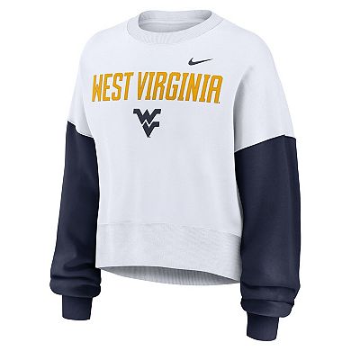 Women's Nike White West Virginia Mountaineers Color-Block Oversized Cropped Pullover Sweatshirt