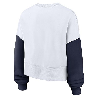 売れ筋商品|||ナイキ カットソー トップス レディース Women's White Michigan Wolverines Color-Block Oversized Cropped Pullover Sweatshirt White, Navy Women's Nike White Michigan Wolverines Color-Block Oversized