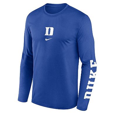 Men's Nike Royal Duke Blue Devils Primetime Center Lockup Two-Hit Legend Long Sleeve T-Shirt
