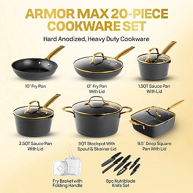Granitestone Armor Max Gold Hard Anodized Heavy Duty 4-Layer Ultra Release Nonstick 20 pc Cookware Set