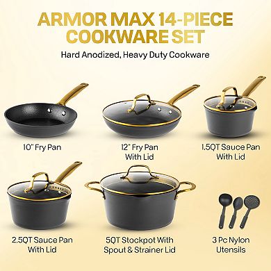 Granitestone Armor Max Gold Hard Anodized Heavy Duty 4-Layer Ultra Release Nonstick 14 pc Cookware Set