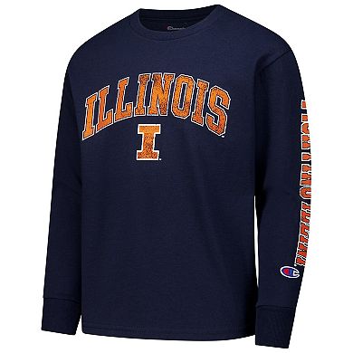 Youth Champion Navy Illinois Fighting Illini Distressed Arch Over Logo Long Sleeve T-Shirt