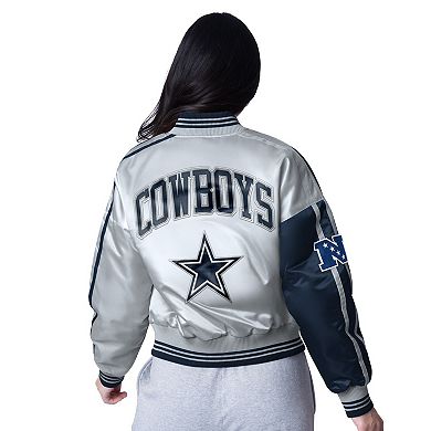 Women's Starter Navy/Silver Dallas Cowboys Zone Blitz Cropped Full-Snap Satin Jacket