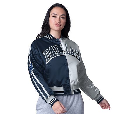 Women's Starter Navy/Silver Dallas Cowboys Zone Blitz Cropped Full-Snap Satin Jacket