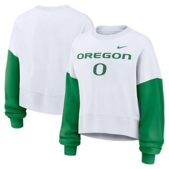 Women's Nike White Oregon Ducks Color-Block Oversized Cropped Pullover Sweatshirt