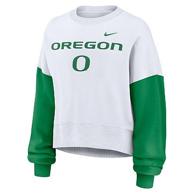 Women's Nike White Oregon Ducks Color-Block Oversized Cropped Pullover Sweatshirt