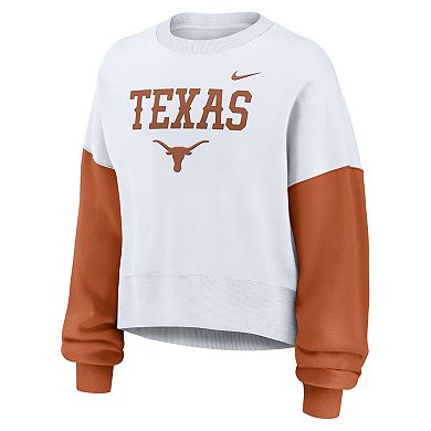 Women's Nike White Texas Longhorns Color-Block Oversized Cropped Pullover Sweatshirt