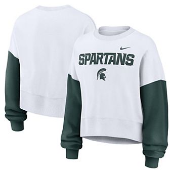 Women's Nike White Michigan State Spartans Color-Block Oversized Cropped Pullover Sweatshirt