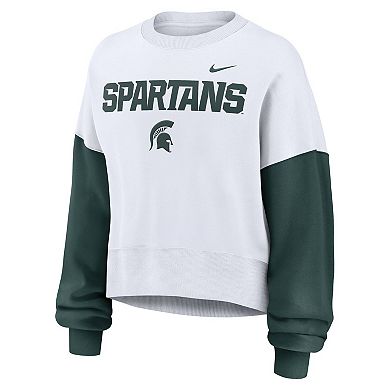 Women's Nike White Michigan State Spartans Color-Block Oversized Cropped Pullover Sweatshirt