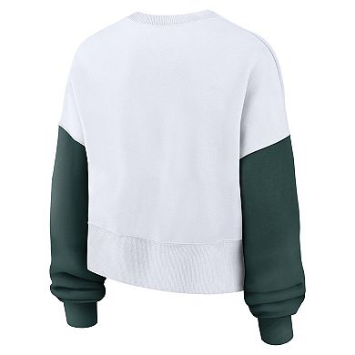 Women's Nike White Michigan State Spartans Color-Block Oversized Cropped Pullover Sweatshirt