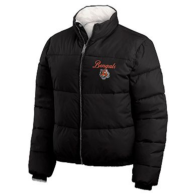 Women's WEAR by Erin Andrews Black/White Cincinnati Bengals Reversible Cropped Full-Zip Puffer Jacket