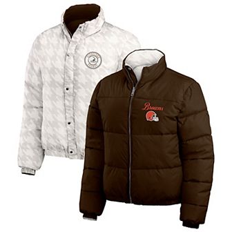 Women's WEAR by Erin Andrews Brown/White Cleveland Browns Reversible Cropped Full-Zip Puffer Jacket
